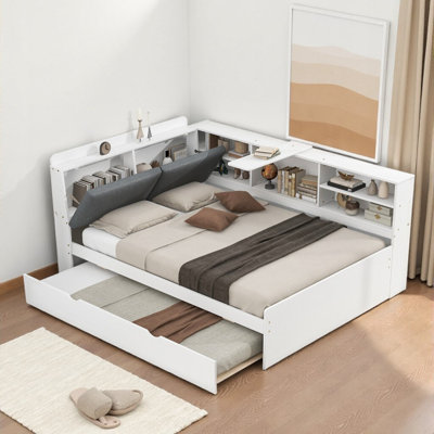Maximize Space & Comfort: Full Size Platform Bed with Trundle & Storage Headboard