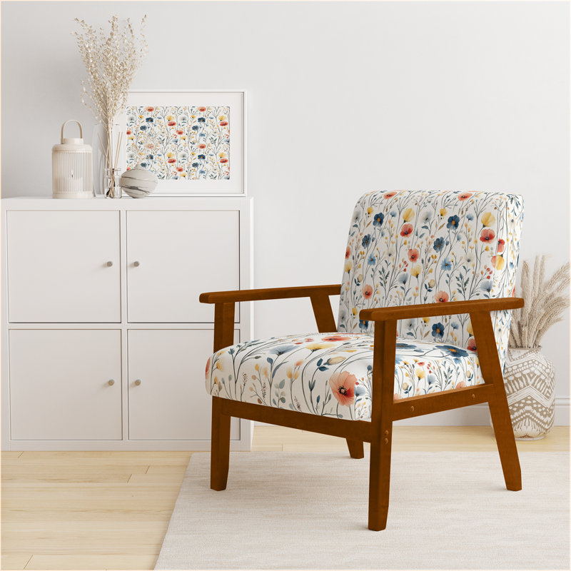 Chaise d'appoint florale - Fauteuil Boho, Accoudoirs carrés bruns