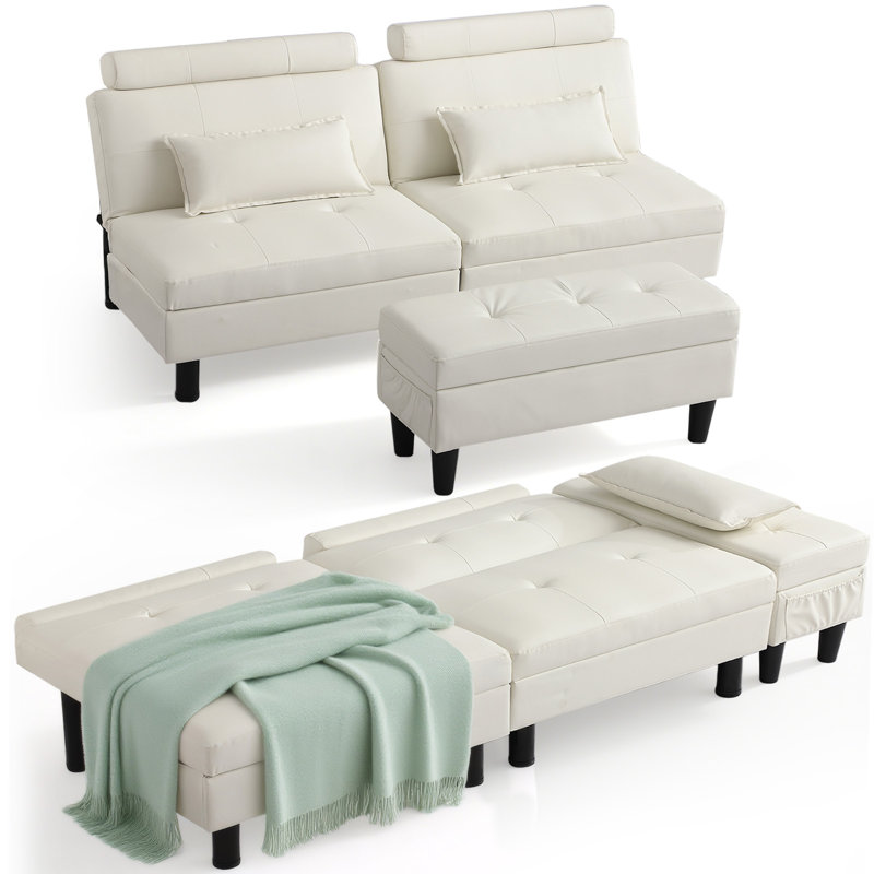 Canapé-lit convertible inclinable rembourré avec repose-pieds polyvalent et 2 coussins moelleux, Beige