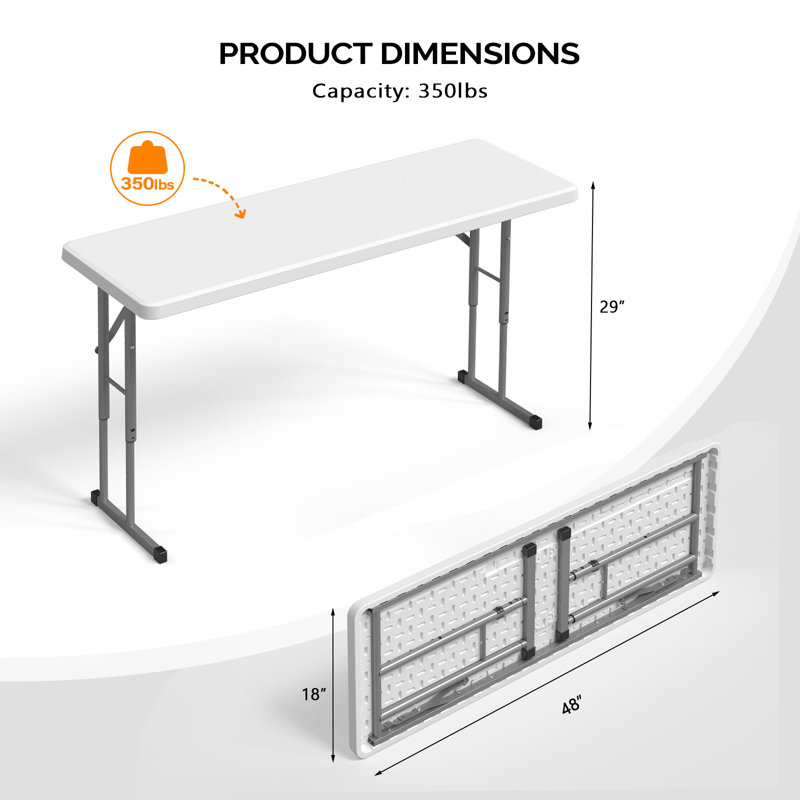 4 FT Narrow Folding Table，White, 29" H x 48" L x 18" D, White