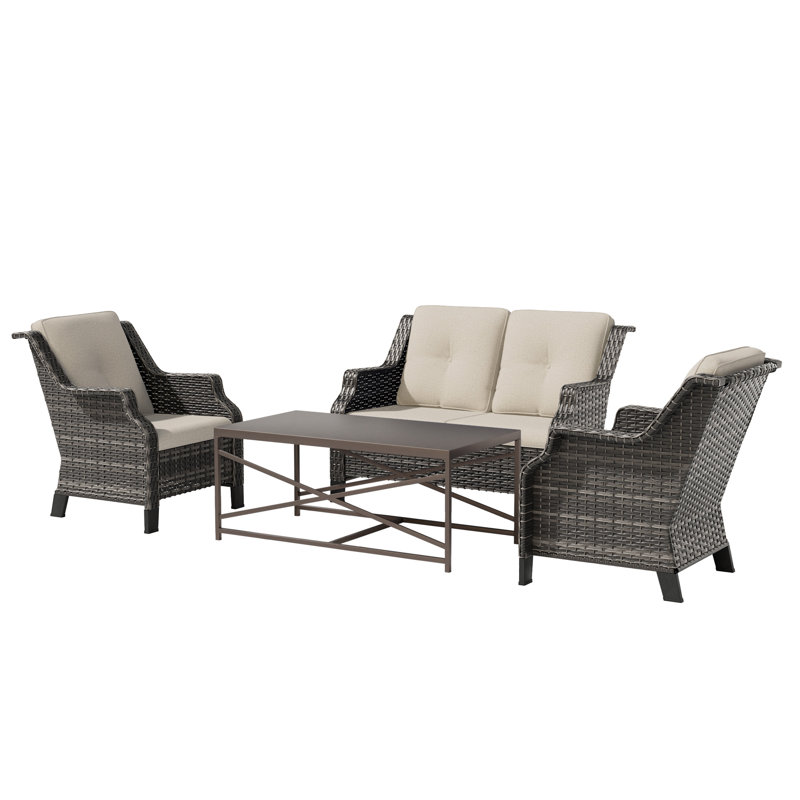 4 Pieces All-Weather Wicker Patio Conversation Set With Cushions, Loveseat, 2 Chairs & Metal Coffee Table, Beige