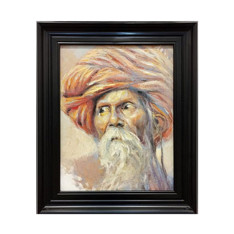Vieil homme avec un turban orange | Peinture encadrée | Par Boby Abraham | Huile sur toile