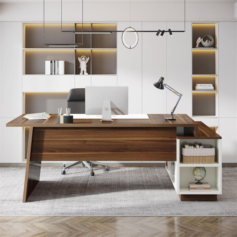 Bureau de direction en L 70,5 po avec armoire de rangement et tablettes (sans la chaise)