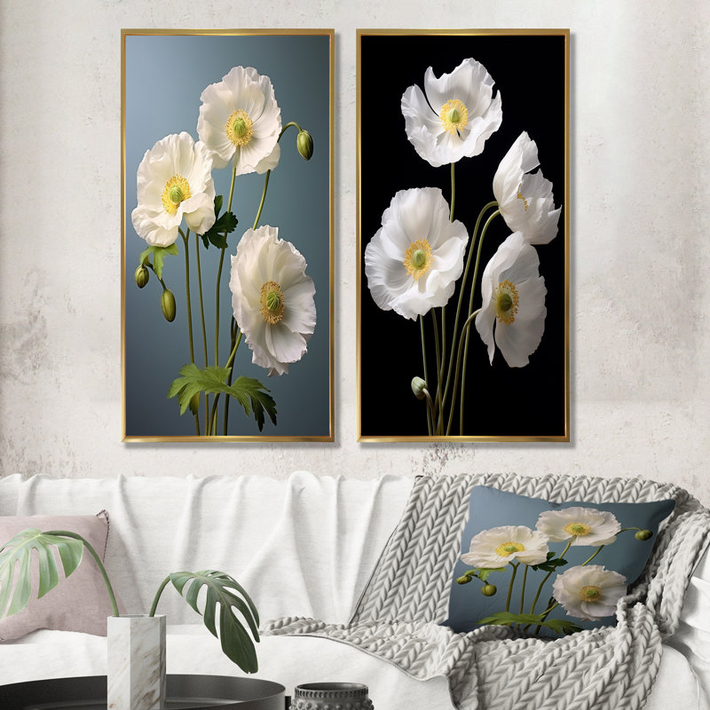 Elegant White Whispers Poppies - Ensemble de 2 décorations murales coquelicots, Cadre flottant doré, H 32 po x l 33 po