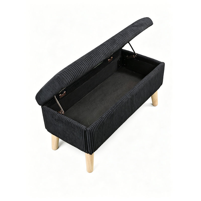 Banc de rangement avec repose-pieds 32 po en velours côtelé noir avec plateau rabattable pour chambre à coucher et salon