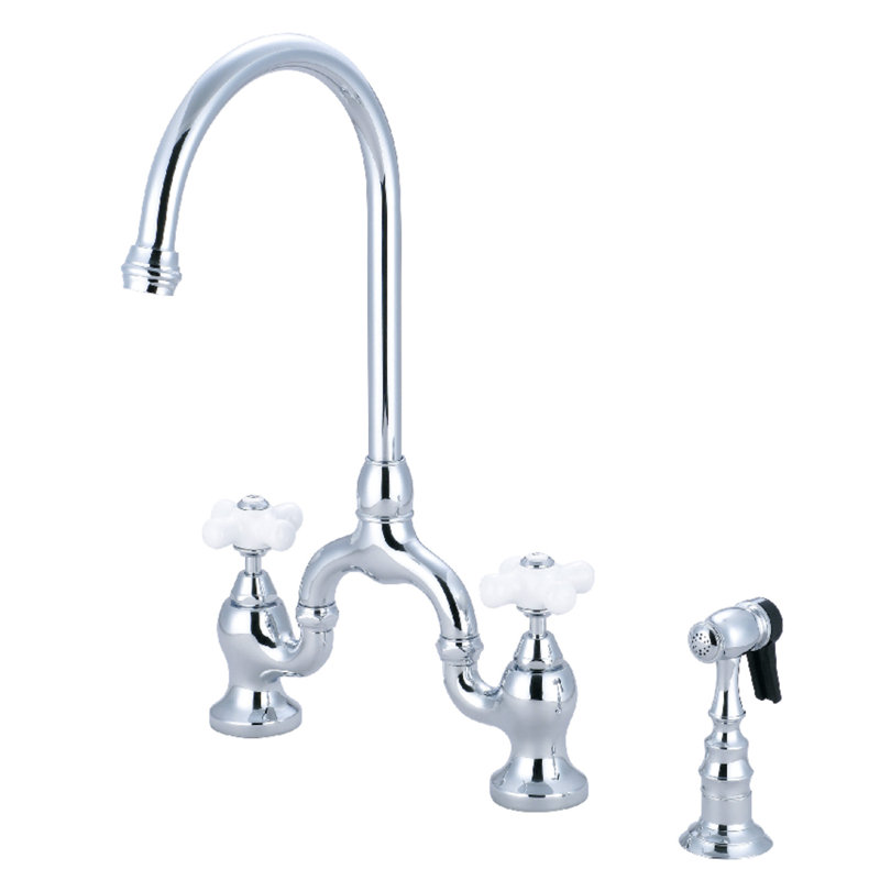Kingston Brass English Country Two-Handle 3-Hole Deck Mount Bridge Kitchen Faucet with Brass Side Sprayer, Polished Chrome
