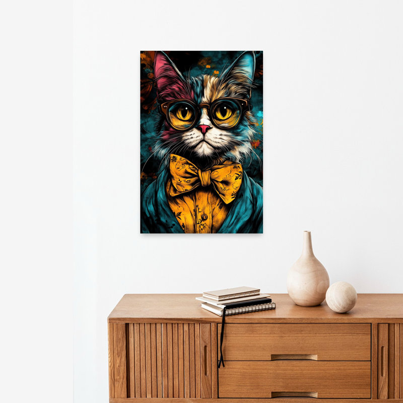 «Dapper Cat with Glasses Colorful Elegant Vibrant Cat Portrait», art mural, 24" H x 16" W