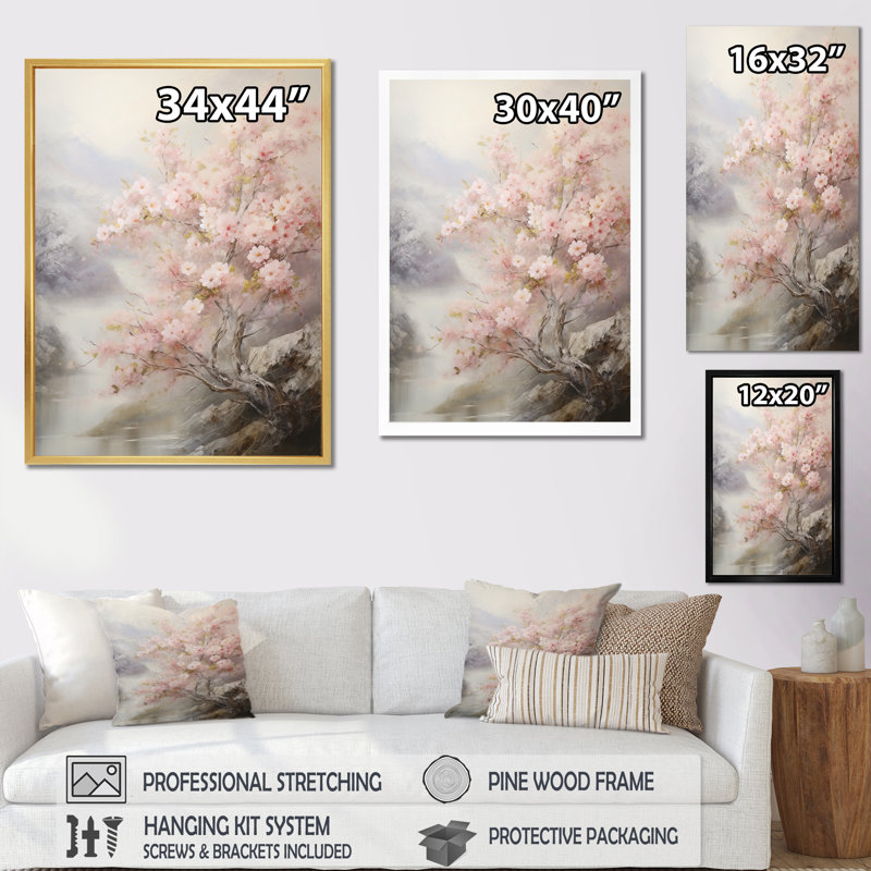 «Kiyami Pink Cherry Blossom», impression romantique sur toile, H 44 po x l 34 po x P 1,5 po, Cadre flottant blanc
