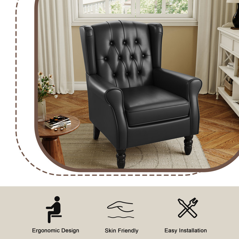 74 Cm Wide Tufted Armchair, Black Faux Leather