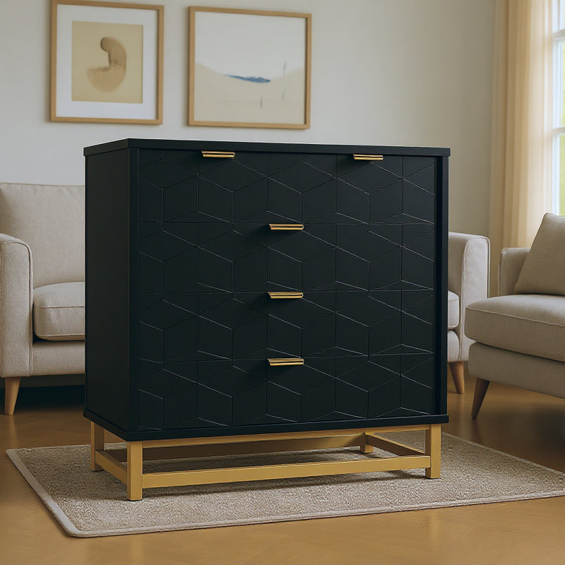  5 Drawer Contemporary Dresser for Bedroom, Chest with Gold Handles and Metal Legs, Wide Storage Drawers for Entryway, Living Room