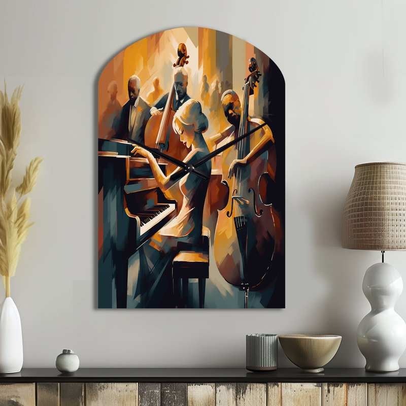 Reproduction d'horloge murale en métal féminin, interpréteuse et bande féminine II - musique asymétrique jazz, Médium