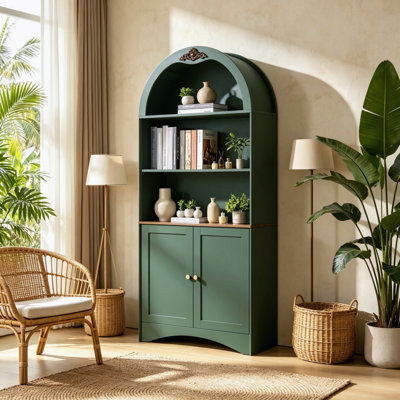 71 ″ Modern Arched Storage Cabinet, Freestanding Vintage Sideboard Bookcase with Decorative Applique, Adjustable Shelves and Adjustable Hinges, Anti Tip Strap Design for Living Room and Dining Room, Retro Green