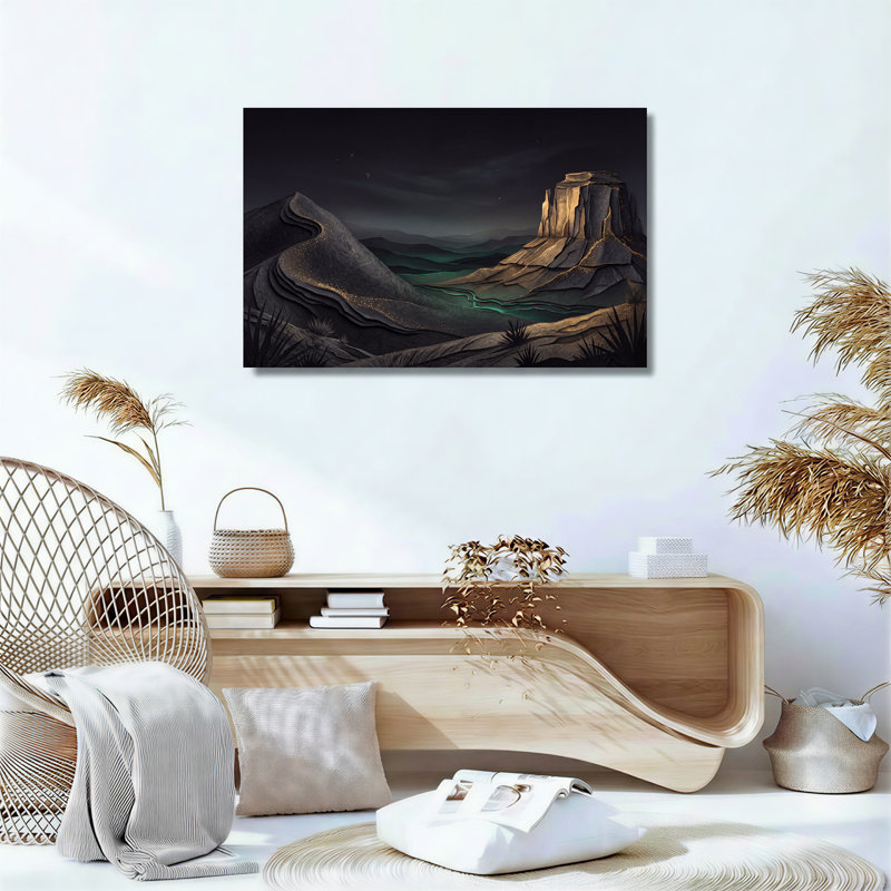 «Layered Mountains with Glowing Teal River and Stars», art mural, H 18 po x l 24 po