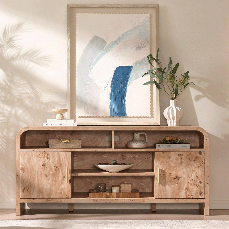 Elegant Curved TV Stand With Hidden Storage, Modern TV Console Media Console For Tvs Up To 65", Light Burl