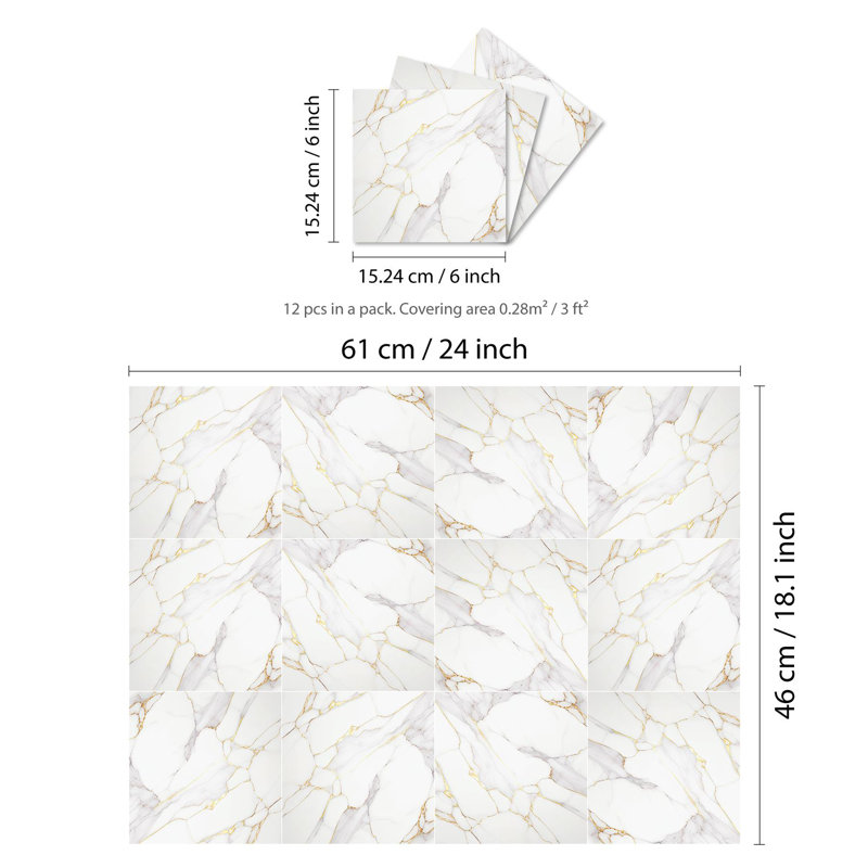 Caisa Modern White Marble Stone Tile Sticker 15.24cm W x 15.24cm L