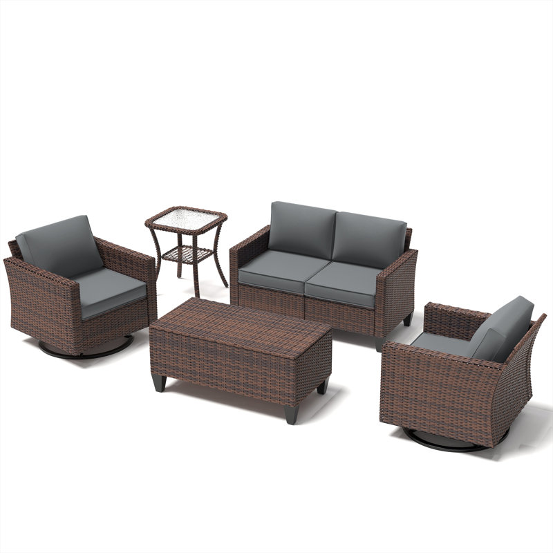 5-Piece Outdoor Conversation Set with Shelf, Space-Saving Wicker Sofa & 2 Chairs with Side Table, Brown, Gray