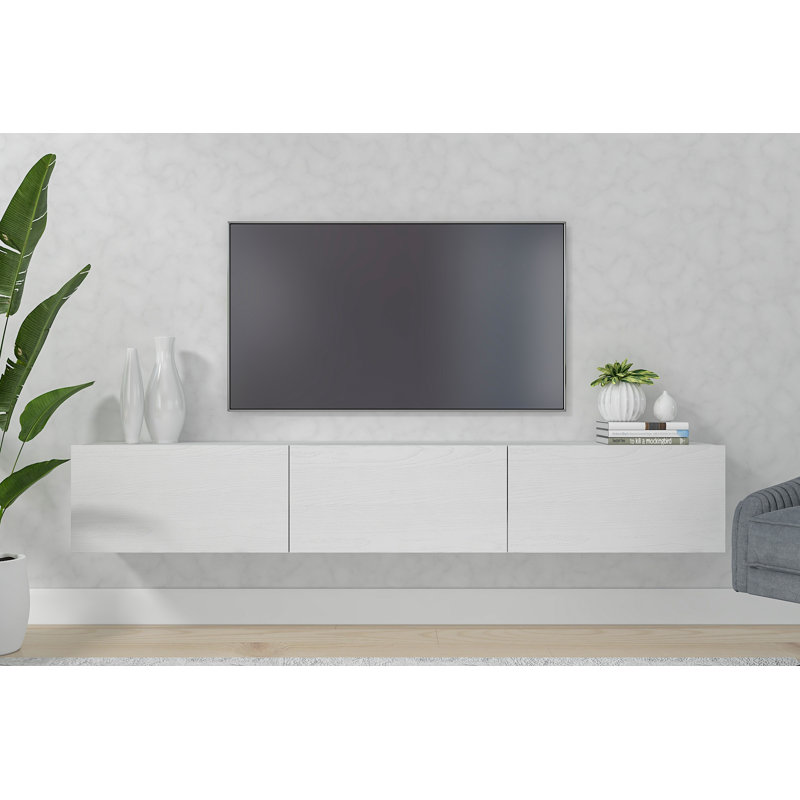 Ozge Modern 71" Floating TV Stand with Storage  Wall-Mounted Media Console for TVs up to 80", Wood White