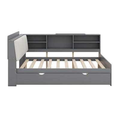 Solid Wood Daybed Frame With Trundle, Upholstered Storage Headboard, Shelves And Rotatable Board