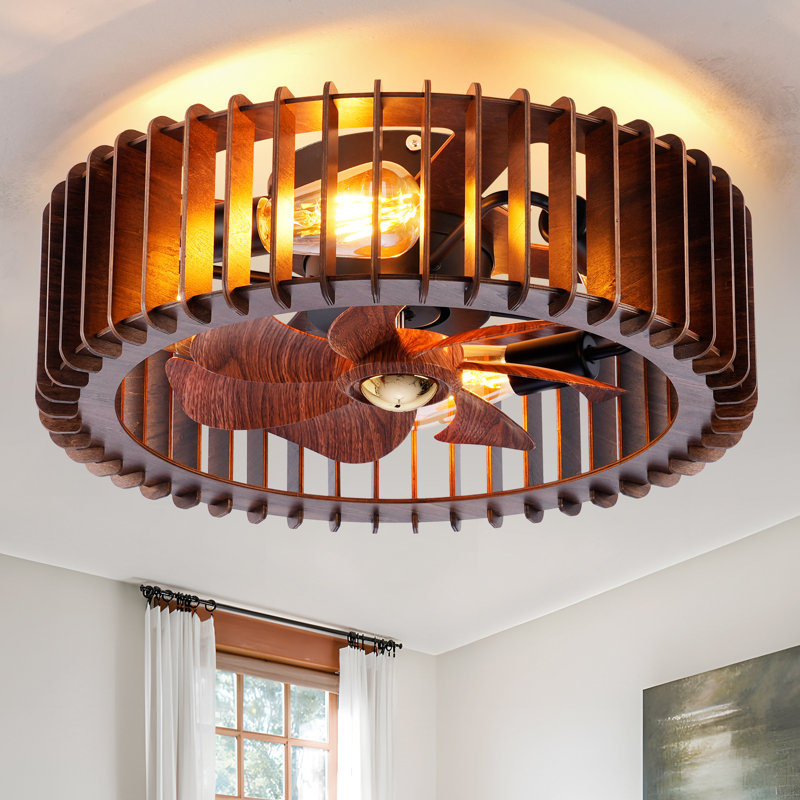 20'' Flush Mount Caged Ceiling Fan With Light, Wooden Low Profile Ceiling Fan With Light And Remote, 6 Speed And Reversible, Farmhouse Bladeless Fan Lights For Bedroom, Kitchen