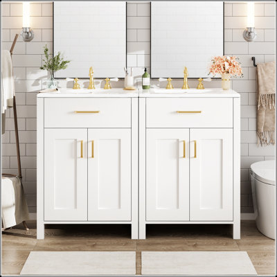 Meuble-lavabo moderne de 48 pouces avec lavabo en céramique, portes à fermeture en douceur, tiroir rabattable et tablettes de porte à double couche pour un rangement élégant