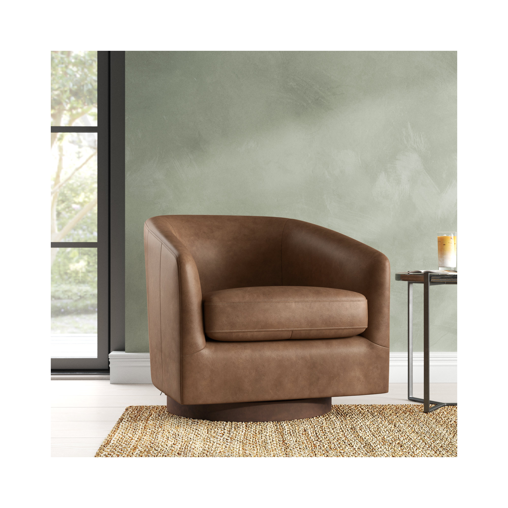 Bennett Genuine Leather Swivel Barrel Chair, Marseille Camel Top Grain Leather