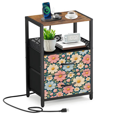  24.2" 2 - Drawer Nightstand Pastel Floral Pink Blue Cream Flowers Green Leaves Side Table with Charging Station Iron Frame Bedside Table