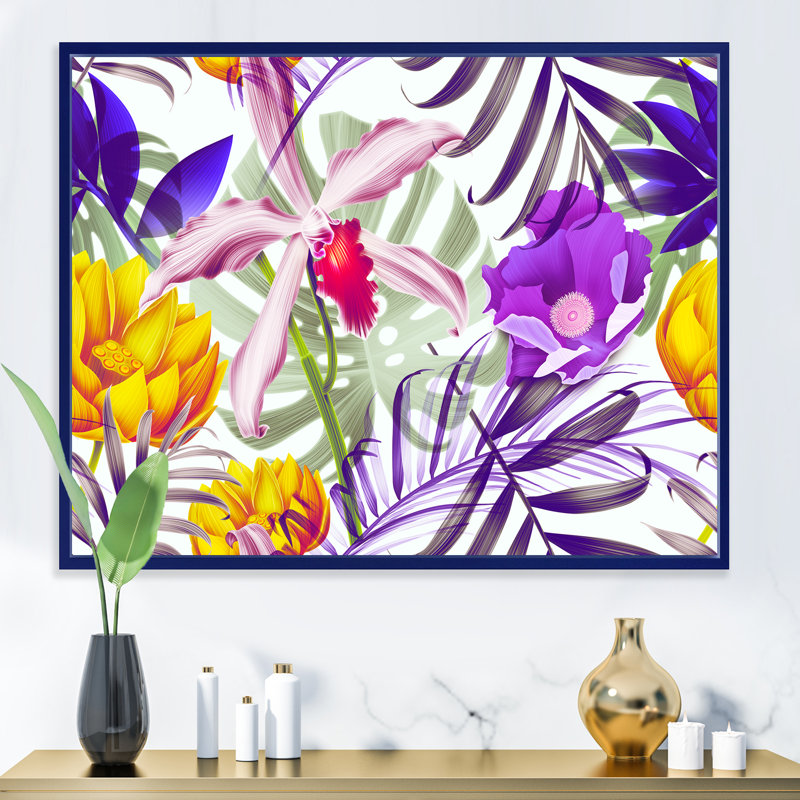 Fleurs tropicales rétro - Impression sur toile, H 12 po x l 20 po x p 1 po, Cadre flottant bleu