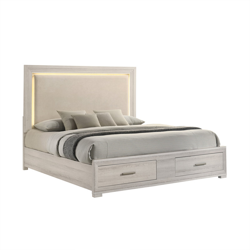 Liora Upholstered Platform Bedroom Set with LED Headboard, Footboard Storage, and Case Pieces, Rustic Natural, King