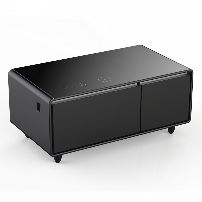 Table basse moderne et intelligente avec réfrigérateur intégré, haut-parleur Bluetooth, chargement sans fil, panneau de commande tactile, USB, protection des prises, lumière d'ambiance