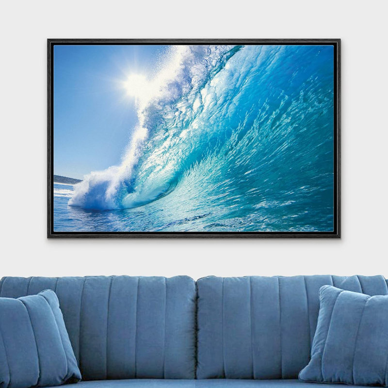 «Coastal Beach Surf a Tropical Blue Wave», art sur toile, H 24 po x l 36 po, Cadre flottant noir