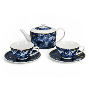 Ensemble de théière en céramique Day and Night et 2 tasses à thé avec soucoupes (Ensemble de 3)