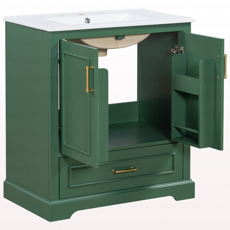Meuble-lavabo autoportant de 30 po avec lavabo, panneau de fibres à densité moyenne et structure en bois massif, 1 tiroir de séparation et 2 portes à fermeture en douceur (double tablette sur la porte)