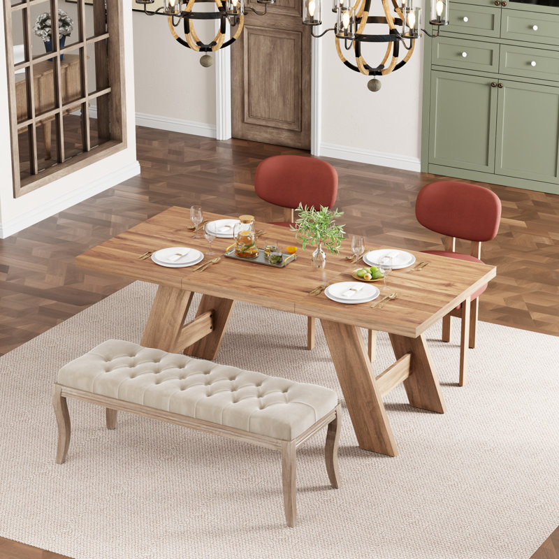Ensemble de table de salle à manger rectangulaire en panneau de fibres à densité moyenne Dearing, Natural Wood, Orange/Beige