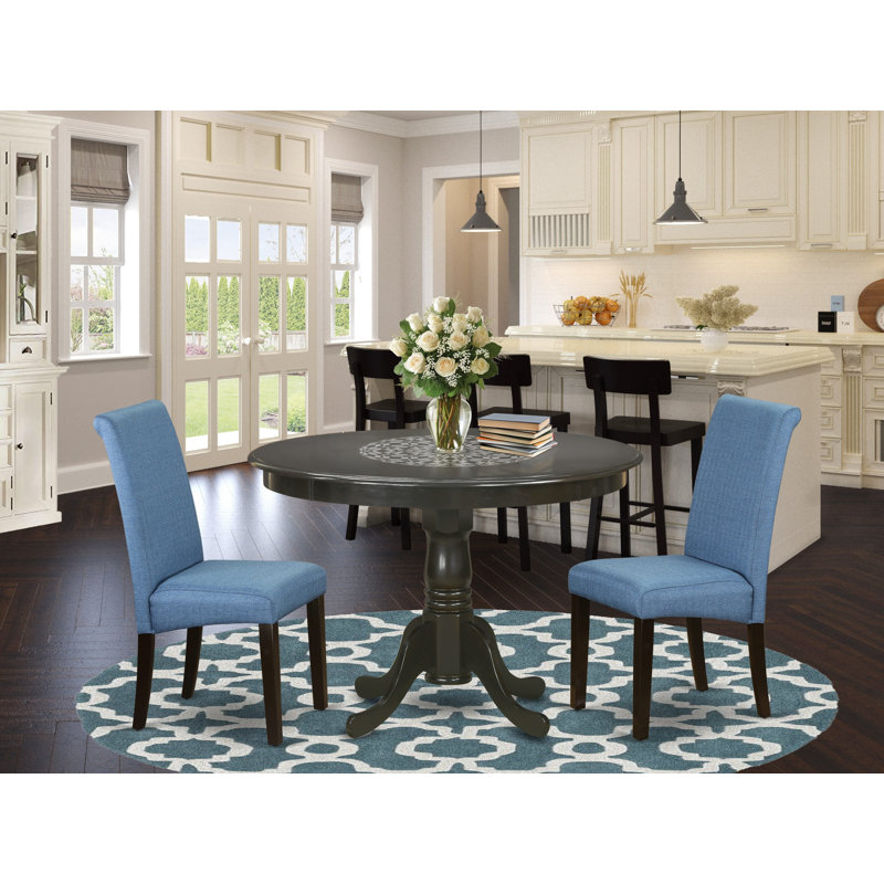 3 Piece Kitchen Table & Chairs Set Contains a Round Dining Room Table with Pedestal and 2 Blue Color Linen Fabric Parsons Chairs, 42x42 Inch, Cappuccino
