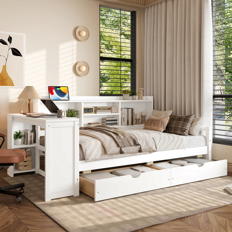 Lit de jour simple d'angle avec tiroirs de rangement et bureau et port de charge et bibliothèque de couleur blanche