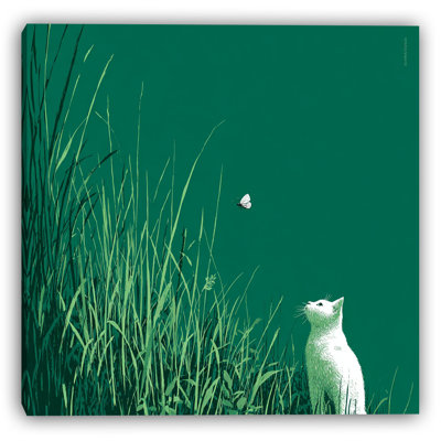 Chat et papillon dans un pré III, art mural sur toile tendue