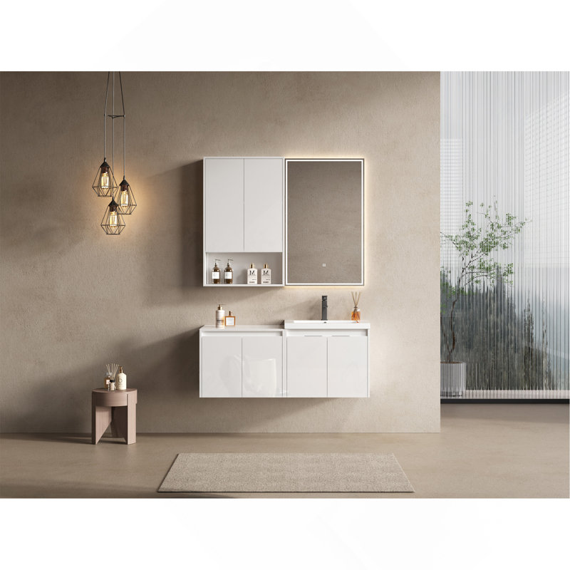 Ensemble de meuble-lavabo flottant blanc brillant 48 po avec lavabo en résine, portes à fermeture en douceur, armoire murale et armoire latérale