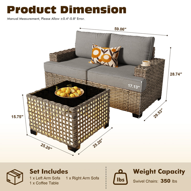 Modern Outdoor Wicker Patio Sofa Set With Solar-Lit Coffee Table, Modular Seating & Wide Armrests For Backyard, Patio Or Garden