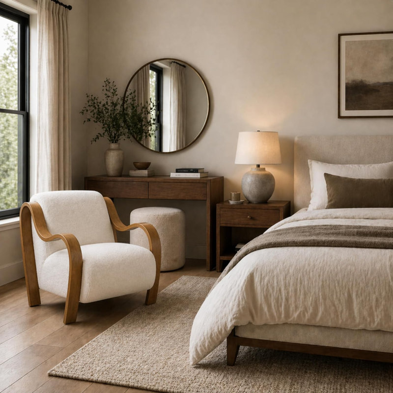 Fauteuil d'appoint Curva Luxe, Blanc, Bois naturel