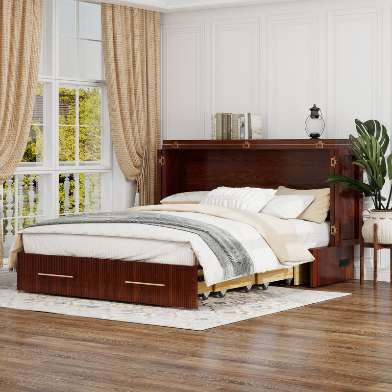 Solid Wood Queen Murphy Bed Cabinet with Storage Drawer, Built-in Charging station, Cherry Finish (Mattress Included)