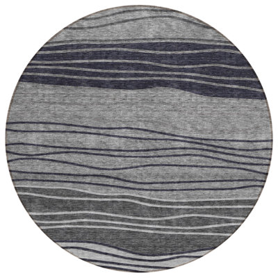 8' Gray Charcoal And Silver Round Striped Washable Indoor Outdoor Area Rug