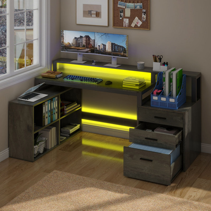 65'' L Shaped Computer Desk with File Drawer, LED Lights, Gray