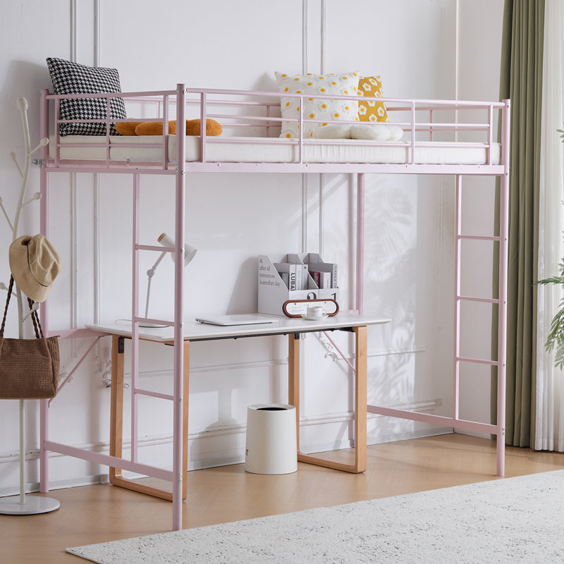 Pink Full Loft Bed With Stairs Metal Single Loft Bunk Bed With Safety Guard Rails And 2 Side Ladder, Pink