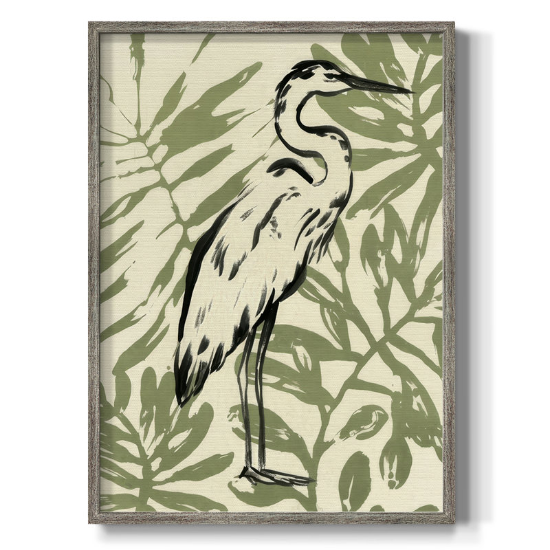 Retro Parlor Heron I Framed Print - Solid Wood, H 15 po x l 12 po