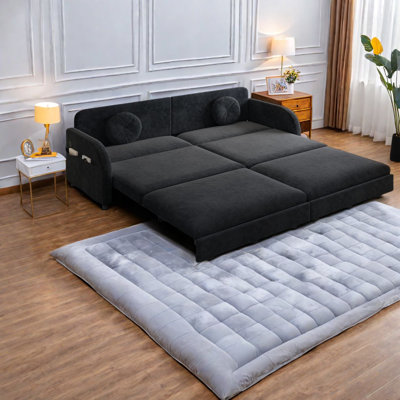 Modern Convertible Sleeper Sofa, Chenille Upholstered Black Sofa With Usb & Storage For All Spaces