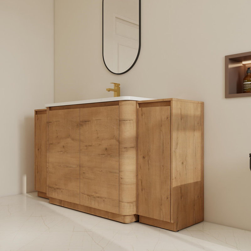 60"Freestanding Single Bathroom Vanity Set With Ceramic Sink And Adjustable Shelves, 60", Imitative Oak