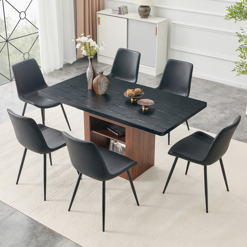 Ensemble de table de salle à manger extensible et de chaises, table coulissante de 59 à 71 po, jumelée à 6 chaises en polyuréthane artificiel avec coussins incurvés. Convient pour les salles à manger, les bureaux, etc.