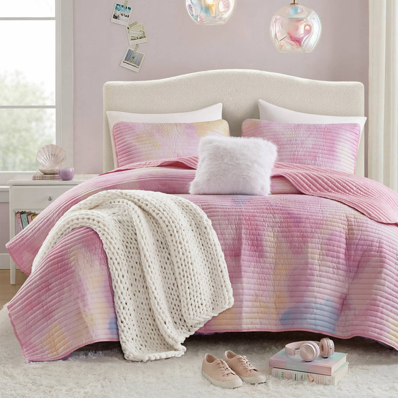 Ensemble de courtepointe à motif de teinture à l'aquarelle 4 pièces pour grand / double avec coussin décoratif, rose