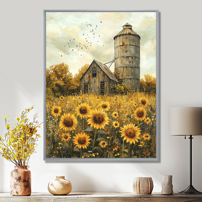 «Sunflowers», art mural encadré, H 20 po x l 12 po, Reproduction avec cadre flottant, Argent argent