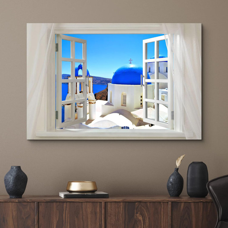 Glimpse in Blue Dome Church in Santorini, Grèce, fenêtre ouverte, H 24 po x l 36 po